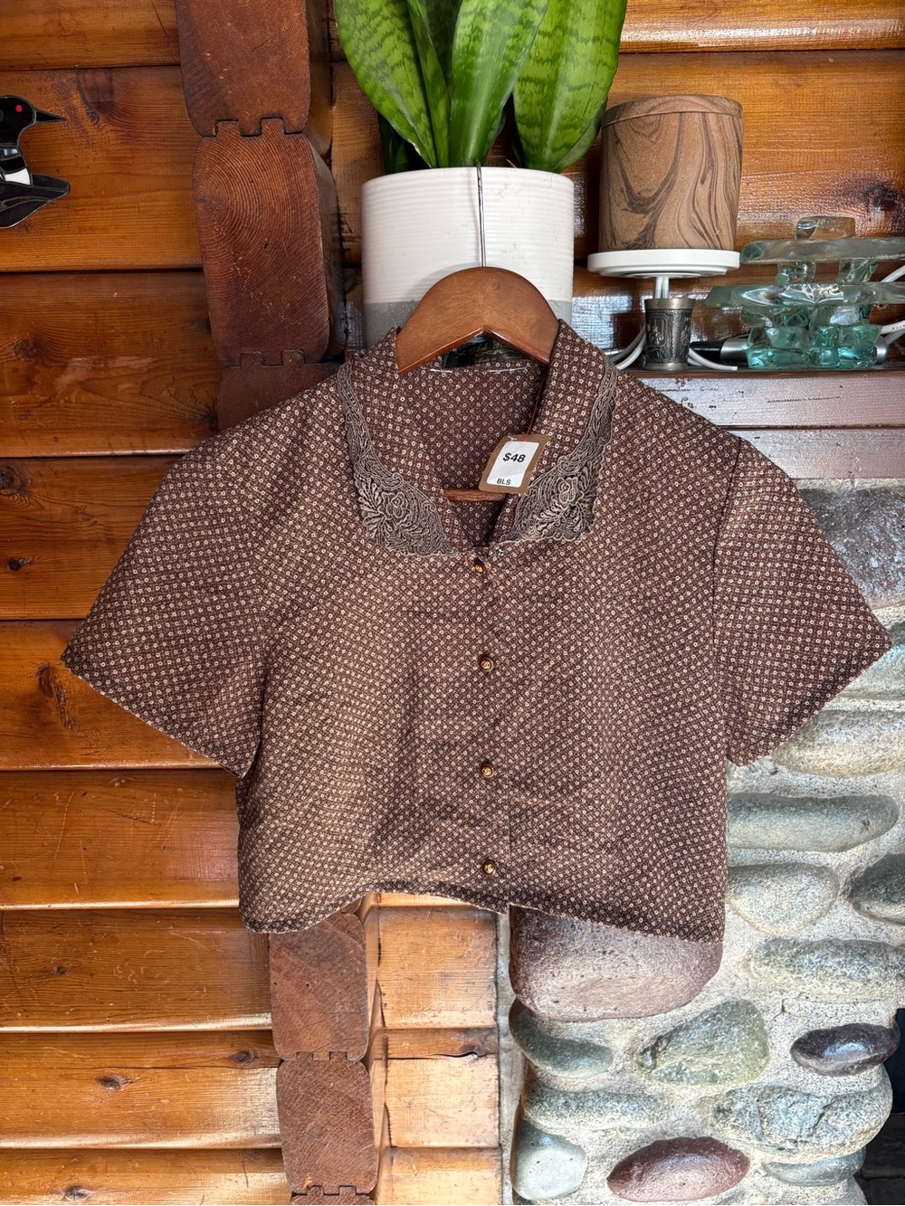 Ark Reworks Brown Cropped Button Up Lace Collar Blouse